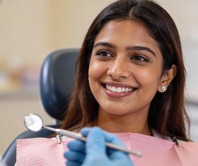 A smiling woman in a dental chair looks at a dentist holding a dental mirror.